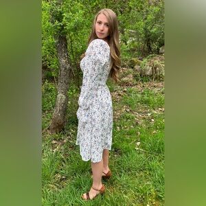 Mikarose White Floral Midi Dress with Blue & Pink Print